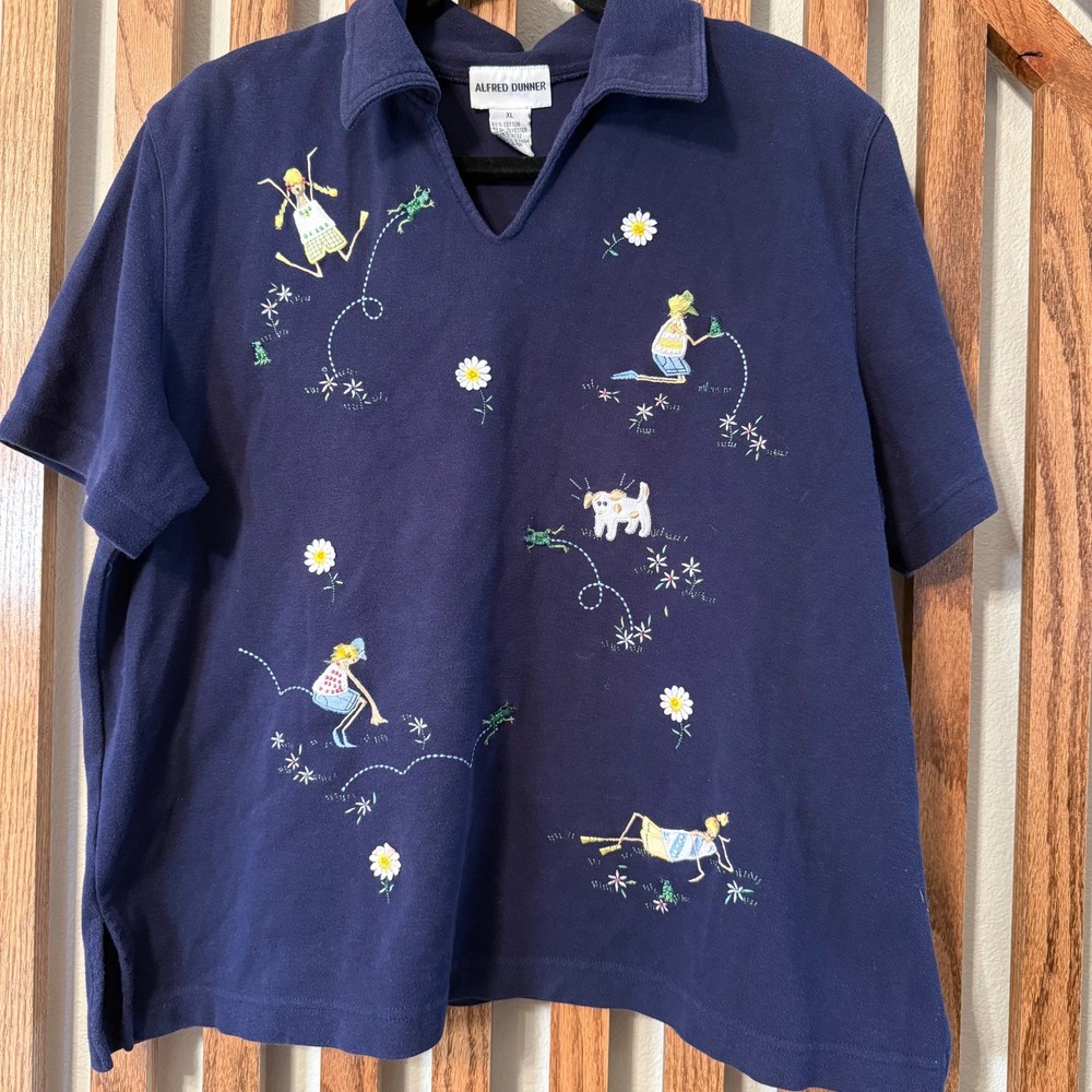 Art Teacher Grandmacore Alfred Dunner Embroidered Polo Shirt Womens XL Navy